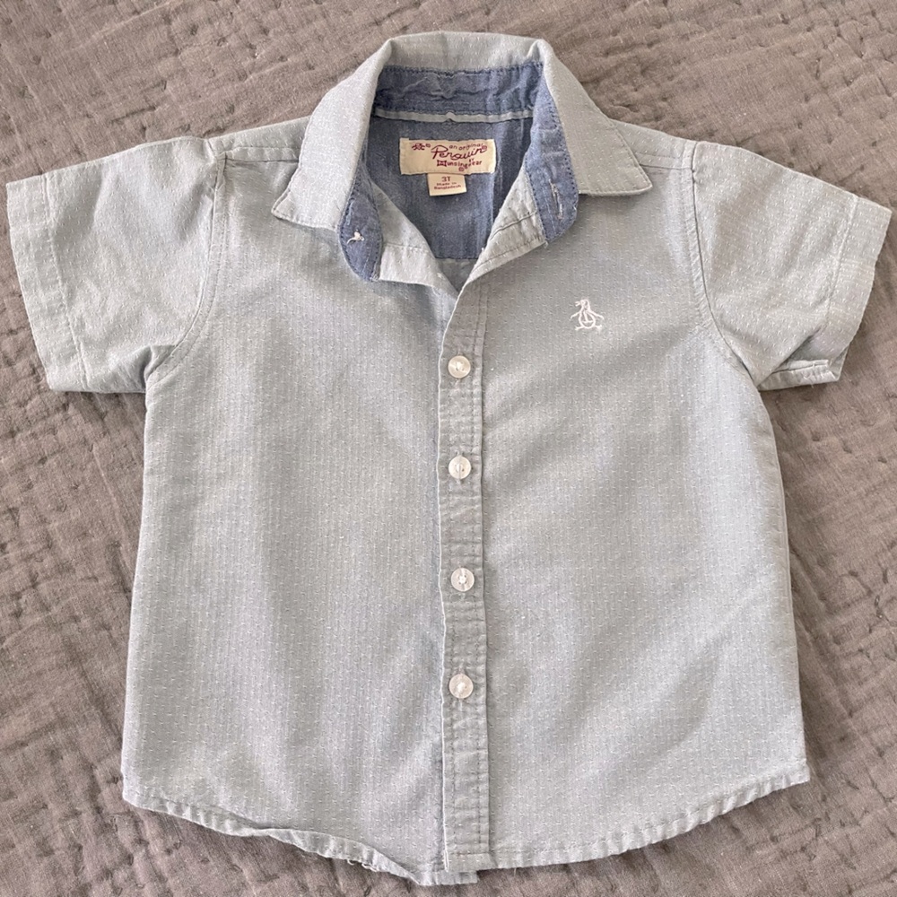 Original Penguin Light Blue Boys’ Button Down Short Sleeve Kids Shirt Size 3T